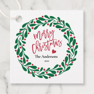 Merry Christmas Holly Wreath Rustic Typography  Favour Tags
