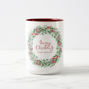 Merry Christmas Holly Wreath Two-Tone Coffee Mug