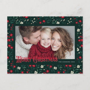 Merry Christmas Holy Berries Background Retro Holiday Postcard