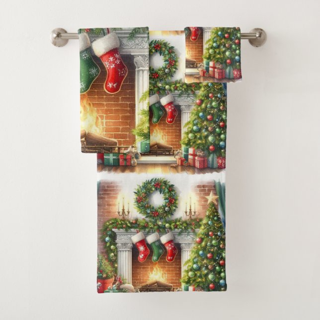 Merry Christmas Home Holiday Stockings  Bath Towel Set (Insitu)
