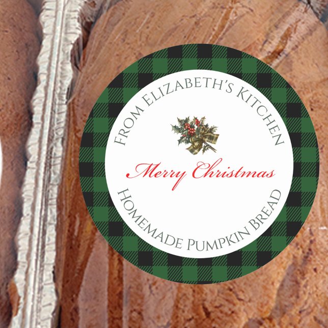 Merry Christmas Homemade Food Green Buffalo Plaid Classic Round Sticker (Creator Uploaded)