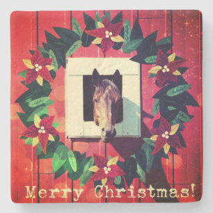 Merry Christmas Horse Red Barn Stone Coaster