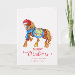 Merry Christmas Horse with Santa Hat Greeting Card