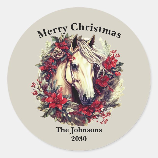 Merry Christmas Horse Wreath  Classic Round Sticker (Front)
