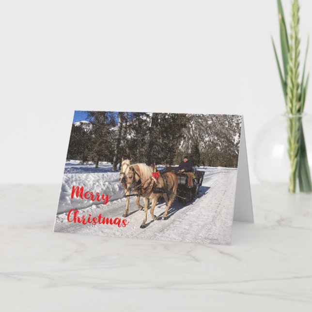 Merry Christmas Horses Sled Snow Winter Rustic Holiday Card (Front)