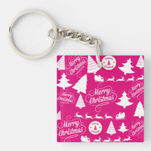 Merry Christmas Hot Pink Holiday Xmas Design Key Ring