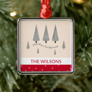 Merry Christmas Houndstooth Modern Red Metal Ornament