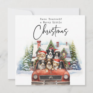 Merry Christmas house with Dogs in Red truck Holiday Card