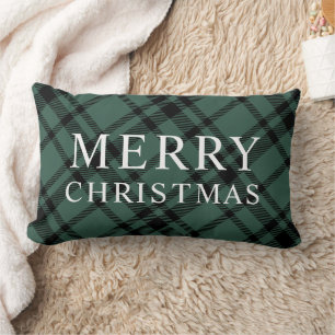 Merry Christmas Hunter Green Black Plaid Lumbar Cushion