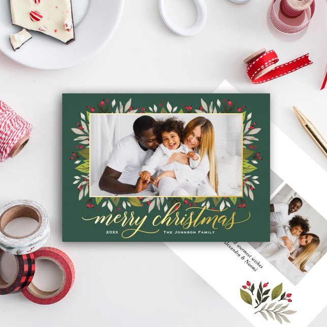 Merry Christmas Hunter Green Gold Elegant Script Foil Holiday Card (Creator Uploaded)