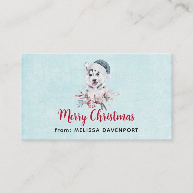 Merry Christmas Husky Dog in a Santa Hat Business Card (Front)