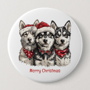 Merry Christmas Husky Dogs 10 Cm Round Badge