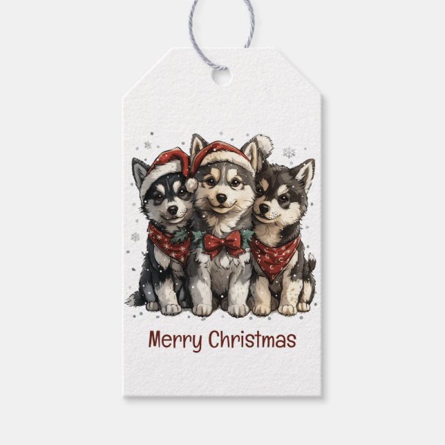 Merry Christmas Husky Dogs Gift Tags (Front)
