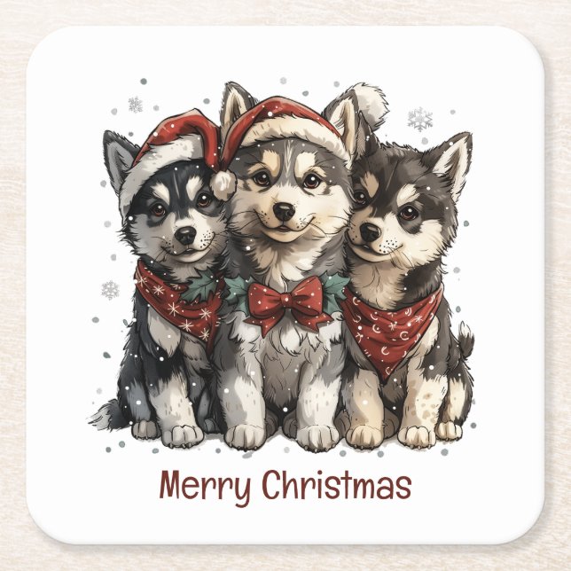 Merry Christmas Husky Dogs Square Paper Coaster (Front)
