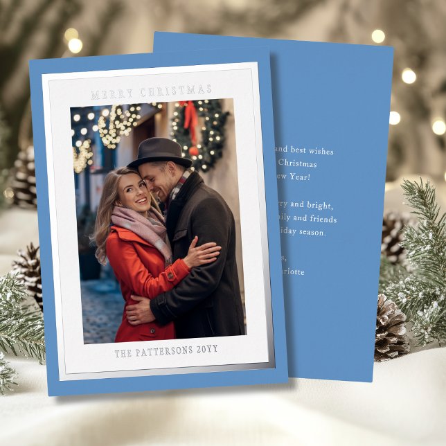 Merry Christmas Ice Blue Simple Modern Photo Foil Holiday Card (Creator Uploaded)