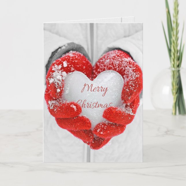 Merry Christmas ice heart in red gloves Card (Front)