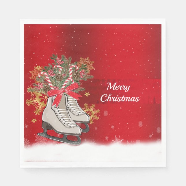 Merry Christmas Ice Skate Candy Canes Snowflakes Napkin (Front)