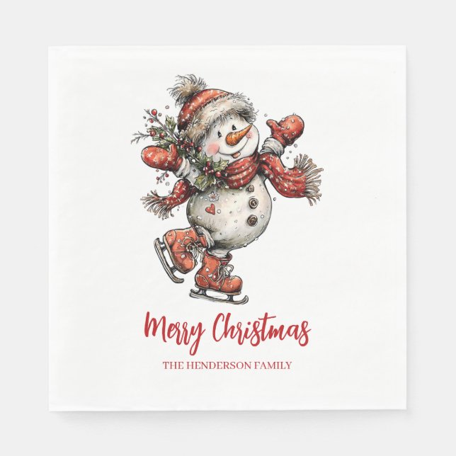 Merry Christmas Ice Skates Snowman  Napkin (Front)