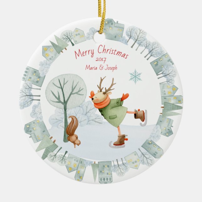 Merry Christmas Ice Skating Deer in Winter on Ceramic Ornament (Front)