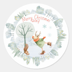Merry Christmas Ice Skating Deer in Winter on Classic Round Sticker