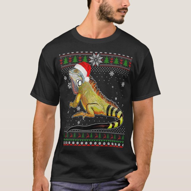 Merry Christmas Iguana Hat Santa In Snow Ugly Swea T-Shirt (Front)