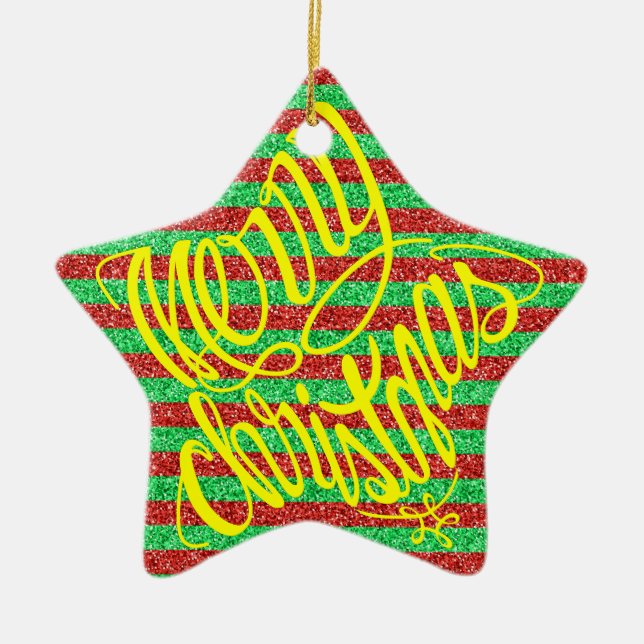 Merry Christmas in 8 langs and Happy Holiday Ceramic Ornament (Front)