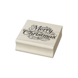 Merry Christmas in Black Lines Silhouette Rubber Stamp
