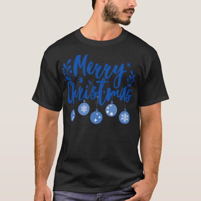 Merry Christmas In Blue And White T-Shirt (Front)