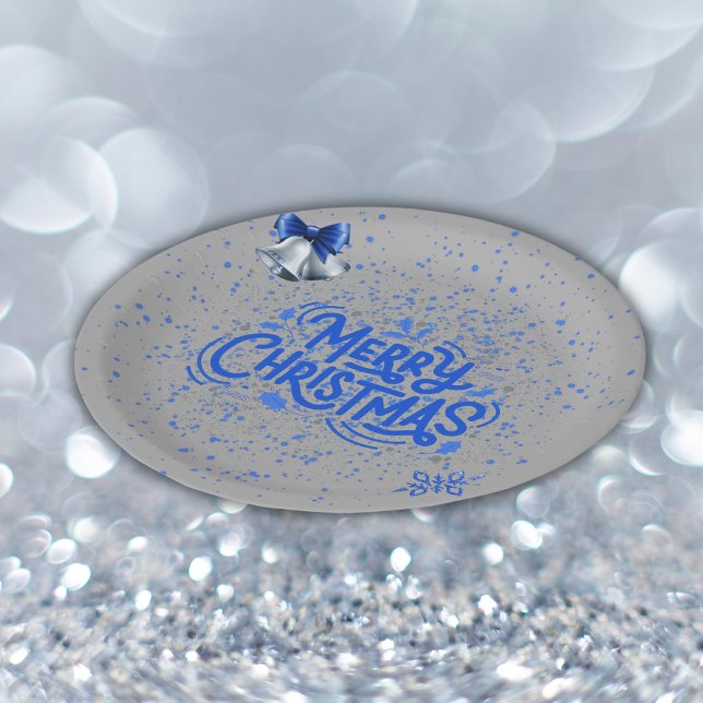 Merry Christmas in Blue on Silver | Paper Plate (Creator Uploaded)