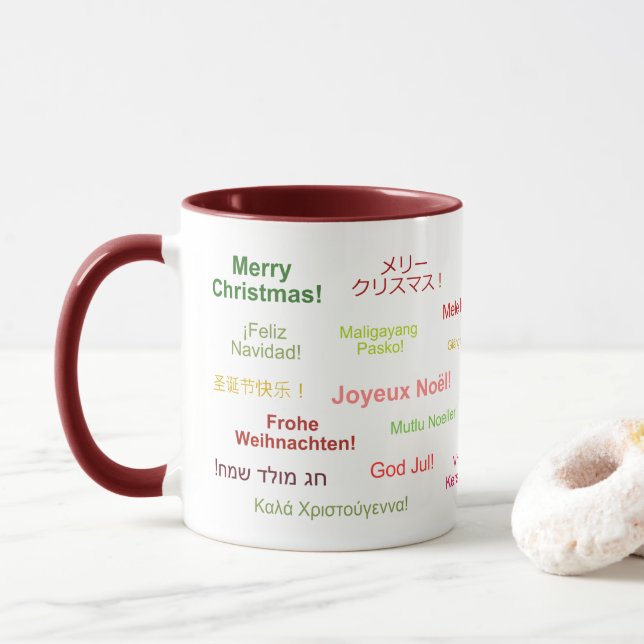 Merry Christmas in Different World Languages Mug (With Donut)