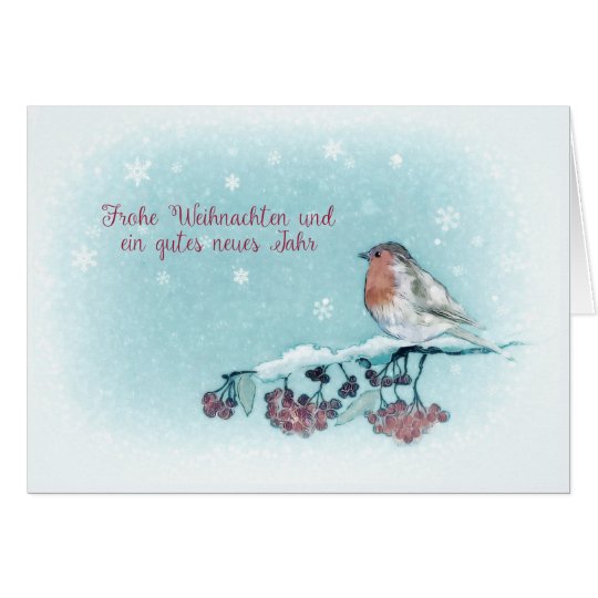 Merry Christmas in German, Robin, Berries, Card
