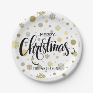 Merry Christmas in Gold and Silver Snow Customise Paper Plate
