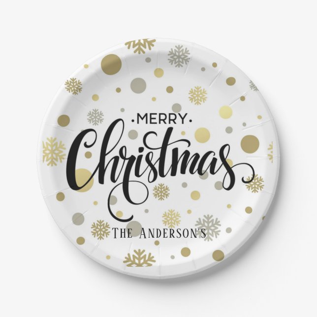 Merry Christmas in Gold and Silver Snow Customise Paper Plate (Front)