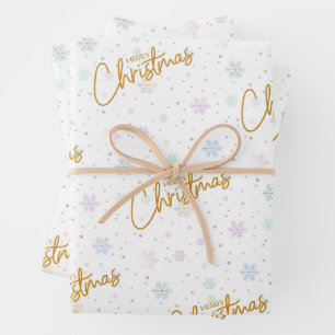 Merry Christmas in Gold with Snowflake Background Wrapping Paper Sheet
