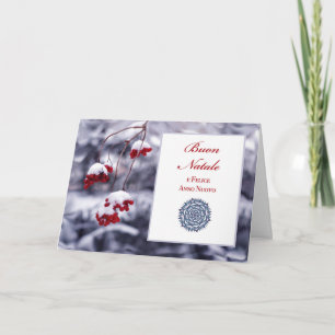 Merry Christmas in Italian Berries in Snow Holiday Card