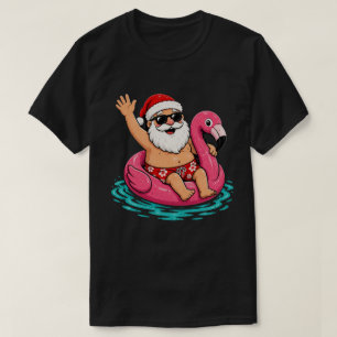 Merry Christmas in July Tropical Flamingo Santa T-Shirt