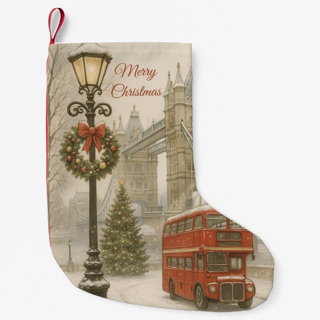 Merry Christmas in London Postcard Traveler Gift Small Christmas Stocking (Front)