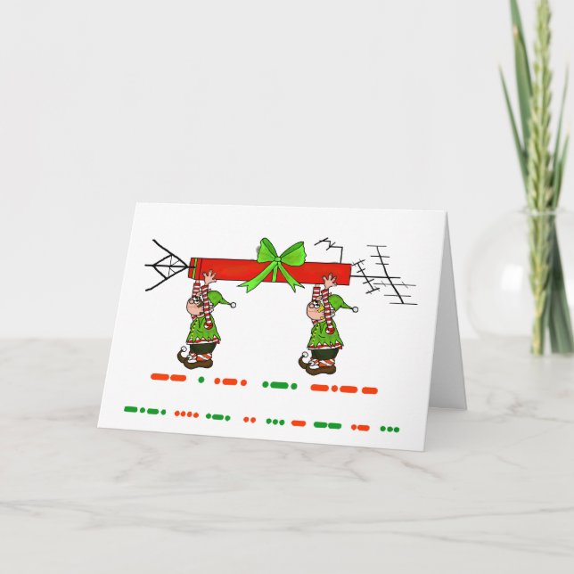 Merry Christmas in Morse Code + Elves & Antenna Holiday Card (Front)