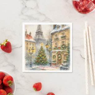 Merry Christmas in Paris Watercolor Eiffel Tower Napkin
