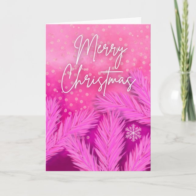 Merry Christmas in Pink with Pine Branches  Card (Front)