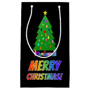 "MERRY CHRISTMAS!" in Rainbow Text + Tree, Gifts S Small Gift Bag