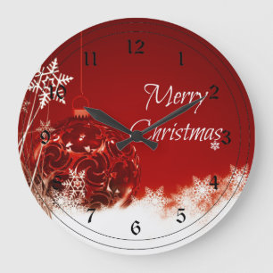 Merry Christmas in Red and White Large Clock