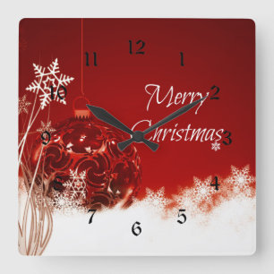 Merry Christmas in Red and White Square Wall Clock