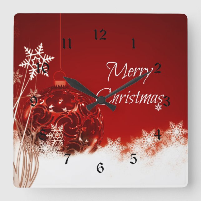Merry Christmas in Red and White Square Wall Clock (Front)