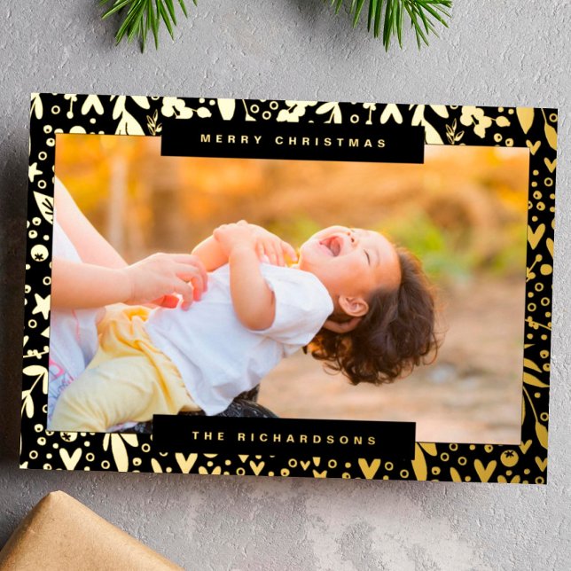 Merry Christmas in white black  gold photo florals Foil Holiday Card (Creator Uploaded)