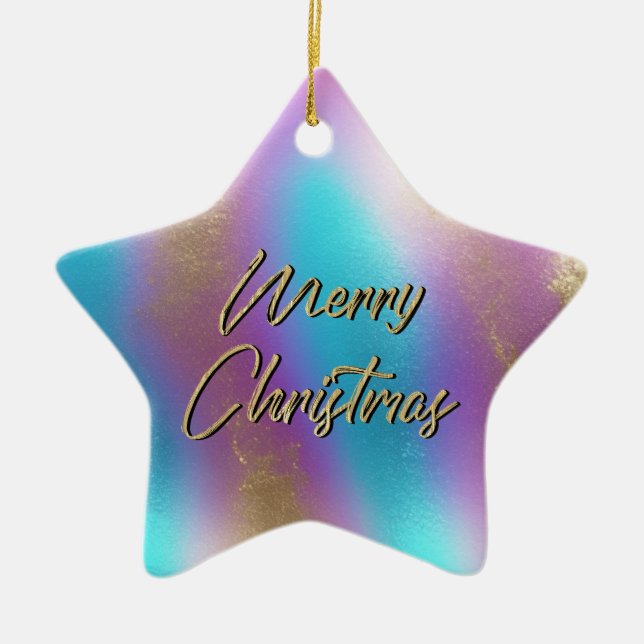 Merry Christmas Iridescent Rainbow Glam Ceramic Ornament (Front)