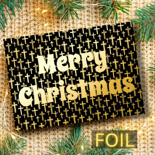 Merry Christmas Jesus cross elegant black and gold Foil Holiday Card