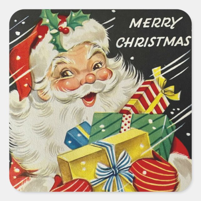 Merry Christmas Jolly Santa Claus with Gifts Square Sticker (Front)