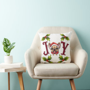 Merry Christmas Joy Cute French Bulldog holly Cushion