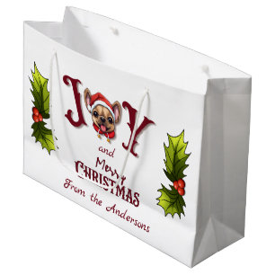 Merry Christmas Joy Cute French Bulldog holly Large Gift Bag